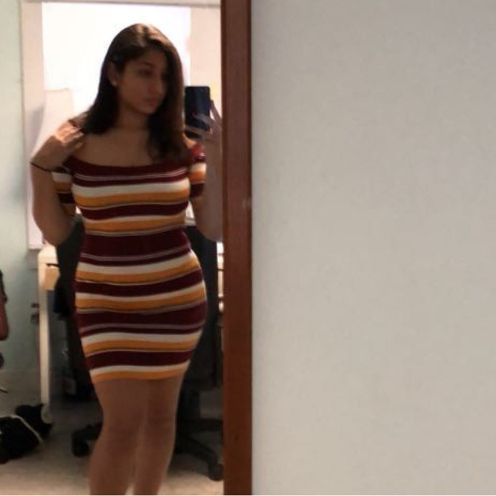 Red white yellow striped midi dress